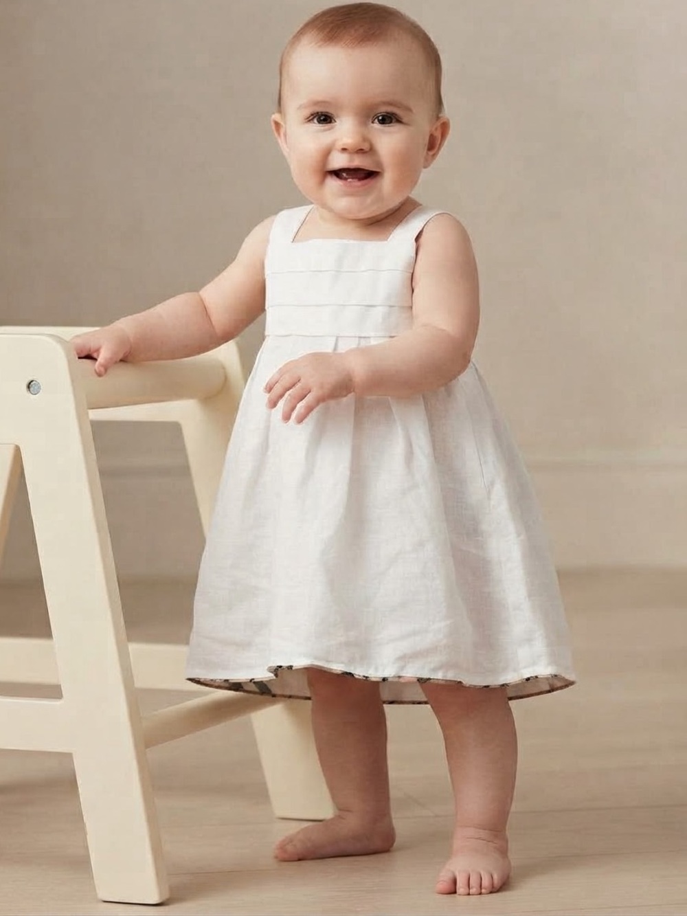 NWT Burberry Baby Girls' White Cotton Sundress with Signature Check Trim